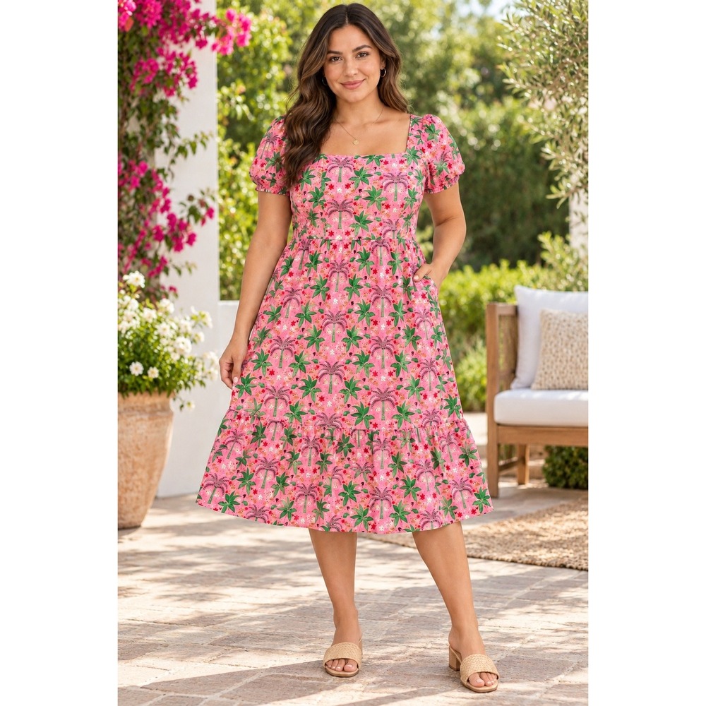 Boden Pink Palm Tree Print Puff Sleeve Midi Dress Square Neck Pockets US 14L